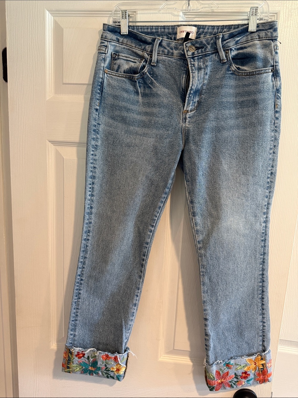 DRIFTWOOD Light Wash Cropped Jeans with Colorful Floral Cuffs